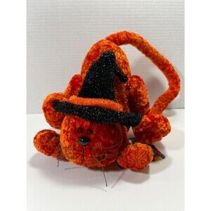 Emrad Creations Halloween Orange Witch Cat with Black Hat Plush Animal with tag